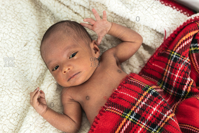 Tranquil adorable newborn baby lying on soft red tartan blanket