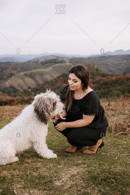 Cute fluffy Spanish Water Dog giving paw for smiling female owner while sitting together on grassy hill in mountains