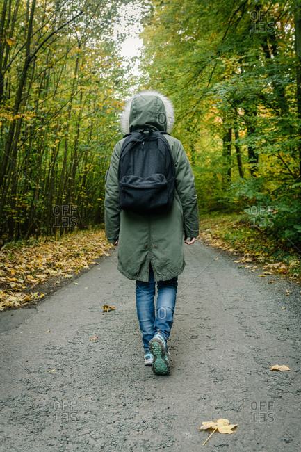 Back view of explorer in outerwear and with backpack walking along road in green woods during adventure