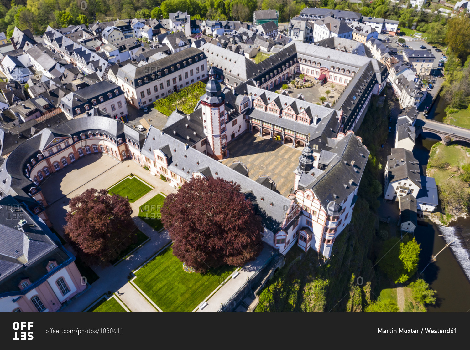 Germany- Weilburg- Weilburg Castle with baroque palace complex- old town hall and castle church with tower- aerial view