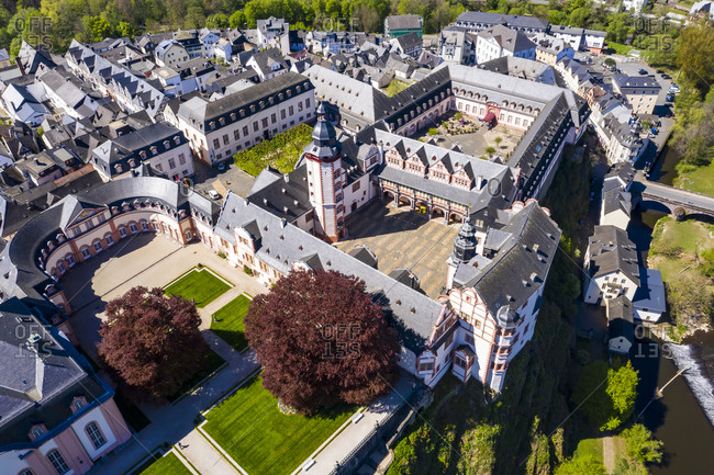Germany- Weilburg- Weilburg Castle with baroque palace complex- old town hall and castle church with tower- aerial view