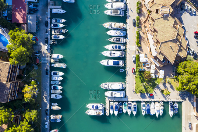 Aerial view of rows of boats at marina of Santa Ponca- Mallorca