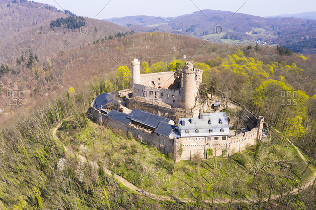 Germany- Hesse- Bensheim- Helicopter view of Auerbach Castle in spring