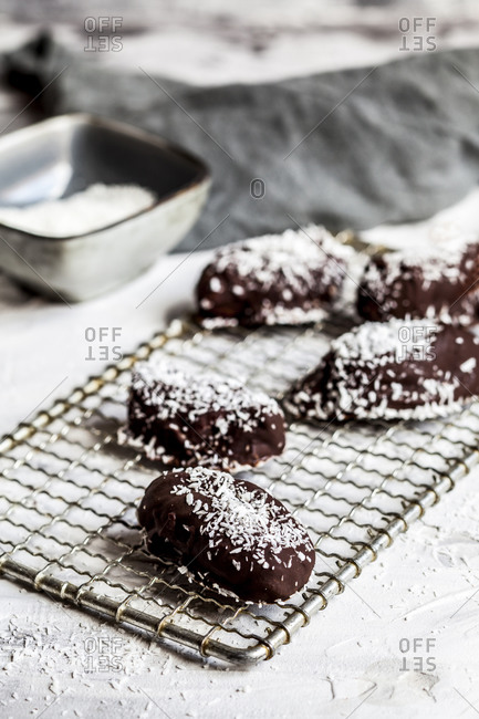 Homemade chocolate bars with coconut filling