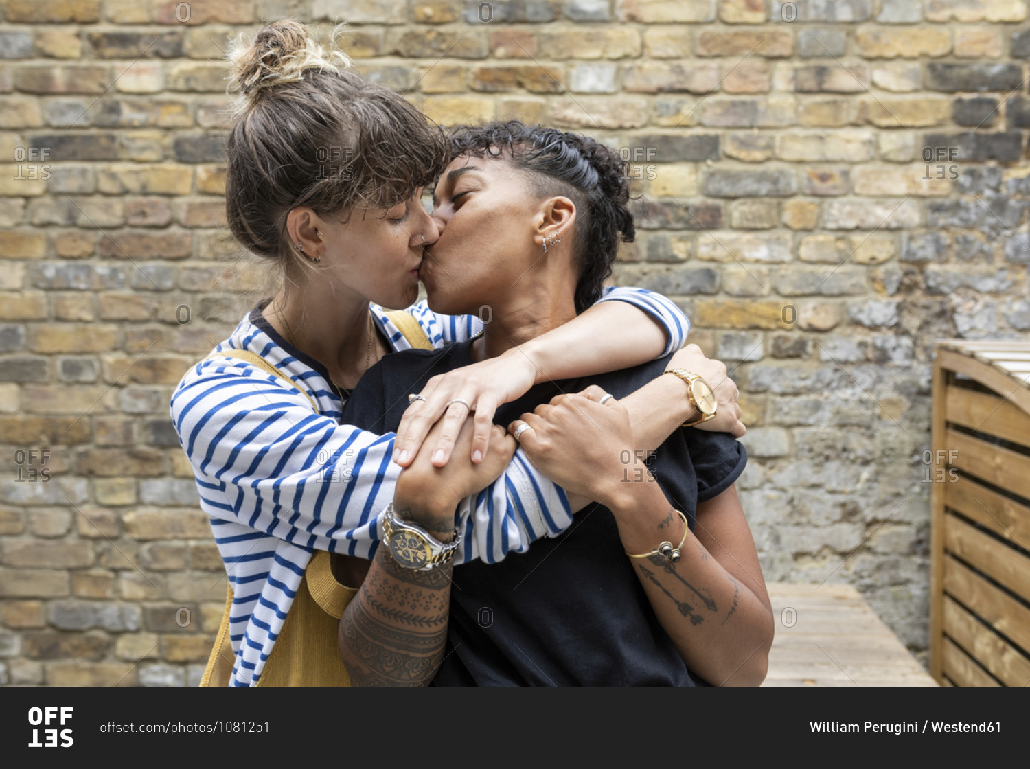 Lesbian Couples Posing Nude - Lesbian couple kissing each other while standing at back yard stock photo -  OFFSET