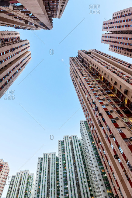 Upward Perspective of skyscrapers in downtown Hong Kong