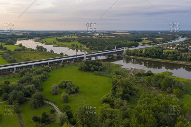 Germany, Saxony-Anhalt, Magdeburg, waterway cross, Mittelland Canal leads in a trough bridge over the Elbe, with 918 meters the largest canal bridge in Europe.