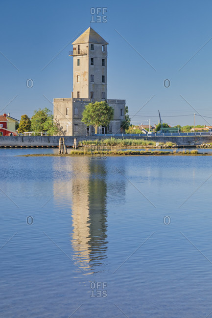 The telemetry tower Crepaldo (abandoned first world war observation tower) and the adriatic lagoon in Cavallino Treporti, Venice, Veneto, Italy, Europe
