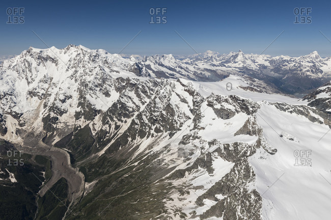 Italy, Piedmont, Switzerland, Valais canton, Monte Rosa massif, Liskamm, Breithorn, Matterhorn and Dent Blanche, in the background Mont Blanc