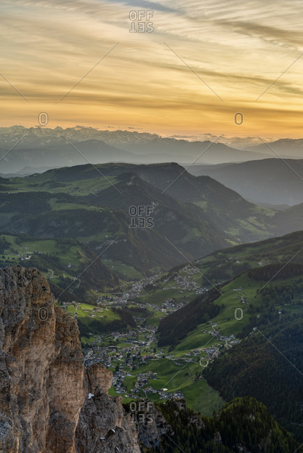 Gardena Pass, Bolzano Province, South Tyrol, Italy. View at sunset from the summit of the Grosser Cirspitze down into the Val Gardena valley