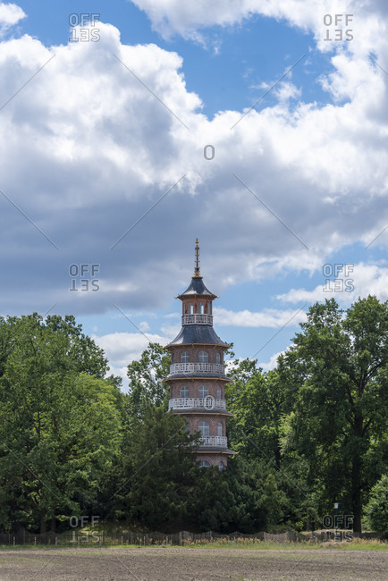 Germany, Saxony-Anhalt, Oranienbaum, Chinese pagoda in the castle park, belongs to the Worlitz Garden Realm, Unesco World Heritage.