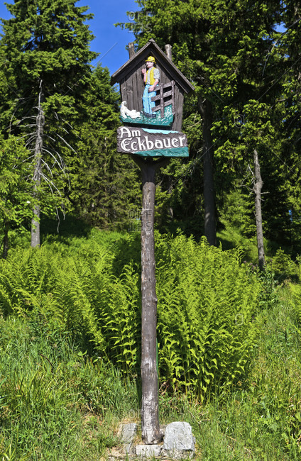 Viewpoint Am Eckbauer, carved traditional hiking sign, health resort Oberwiesenthal, Ore Mountains, Saxony, Germany
