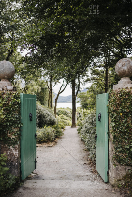 Open garden gate, gardens of Glenveagh Castle, Glenveagh National Park, Ireland