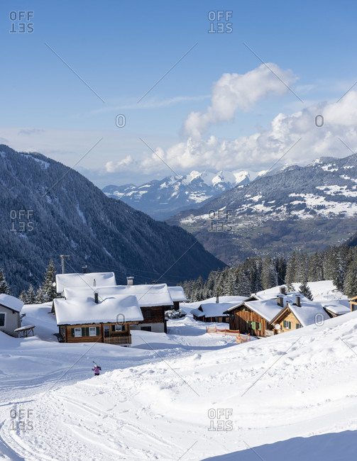 March 4, 2020: Austria, Montafon, Garfrescha, ski huts in car-free Almdorf.