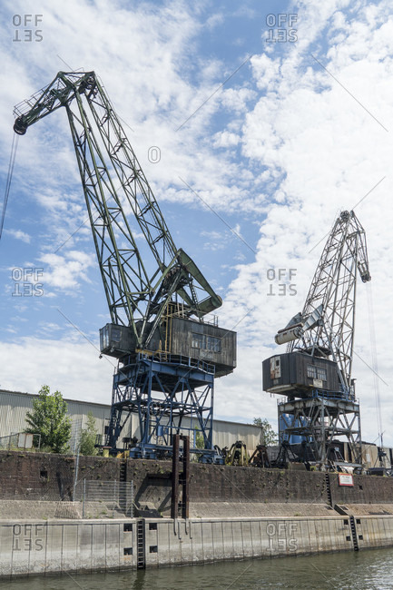June 11, 2020: Duisburg, largest inland port in the world, loading cranes