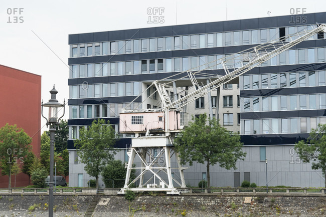 June 11, 2020: Duisburg, inner harbor, harbor promenade, historic crane