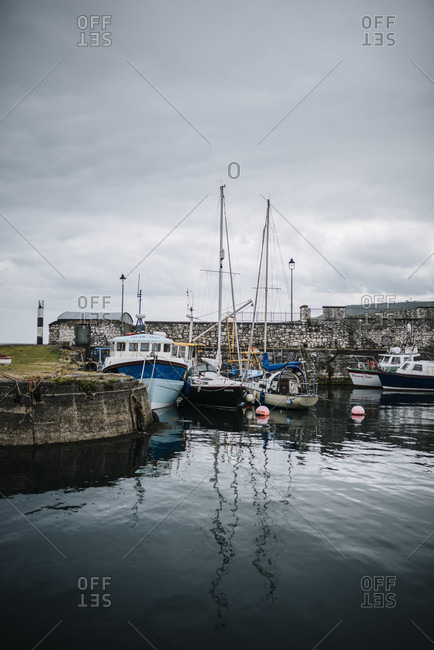 July 17, 2018: Boats are moored in Carnlough Harbour, Northern Ireland