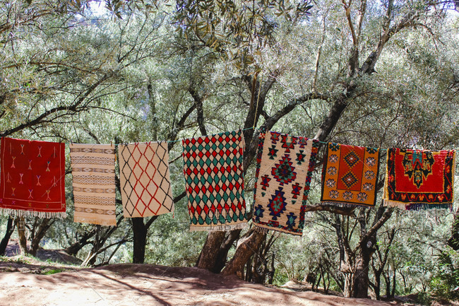 Berber carpets in Morocco in Ouzoud on hanging line