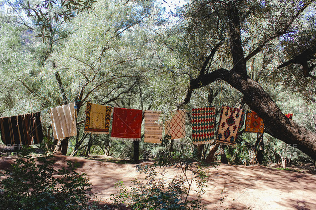 Berber carpets in forest in Ouzoud on clothesline