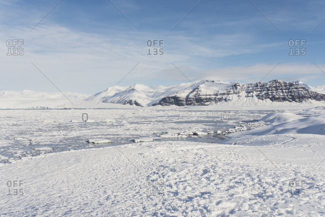 Ice floes float on Jokulsarlon, Iceland in winter