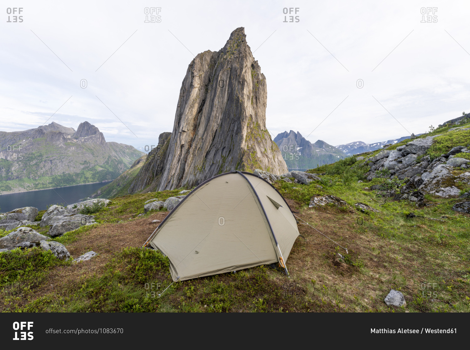 Tent against Segla mountain at Norway