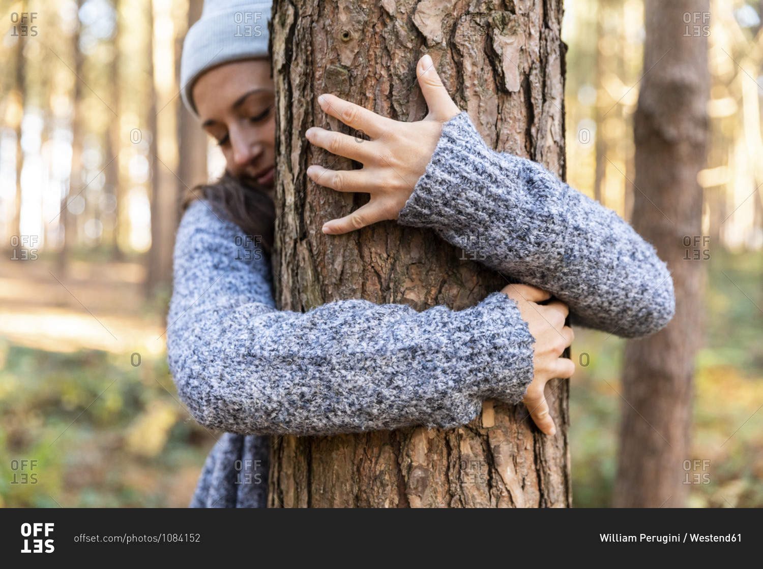Female explorer embracing tree trunk while hiking in Cannock Chase woodland
