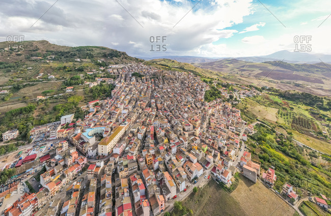 Aerial view of the picturesque town of Alia, Sicily, Italy.