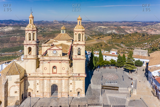 Aerial view of the parish church of Parroquia Nuestra Señora de la Encarnacion in the town of Olvera, Cadiz, Spain.