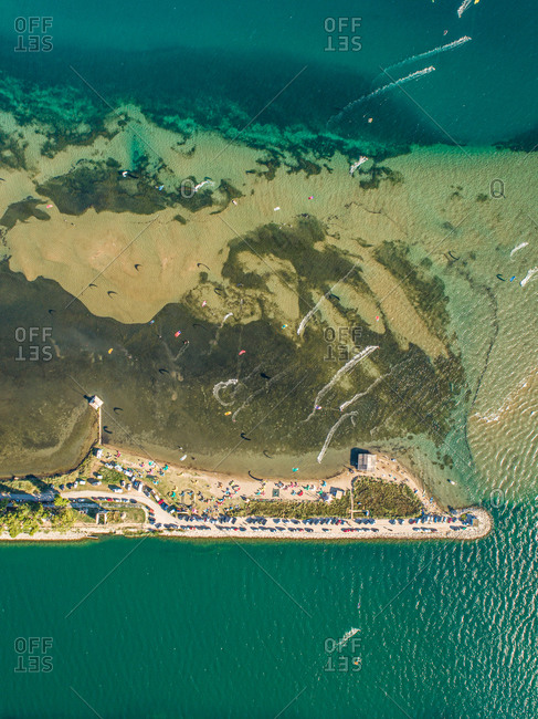Aerial view of kitesurfing spot on the Neretva delta valley river near Ploce, South Dalmatia, Croatia.