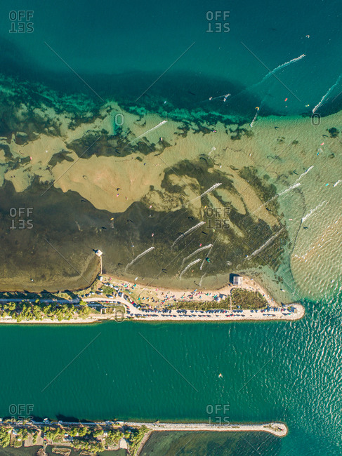 Aerial view of kitesurfing spot on the Neretva delta valley river near Ploce, South Dalmatia, Croatia.