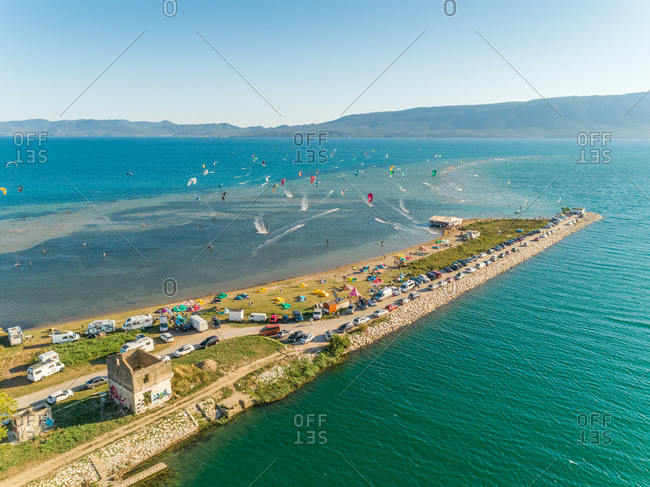 August 19, 2020: Aerial view of kitesurfing spot on the Neretva delta valley river near Ploce, South Dalmatia, Croatia.