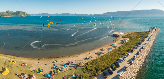 August 19, 2020: Aerial view of kitesurfing spot on the Neretva delta valley river near Ploce, South Dalmatia, Croatia.