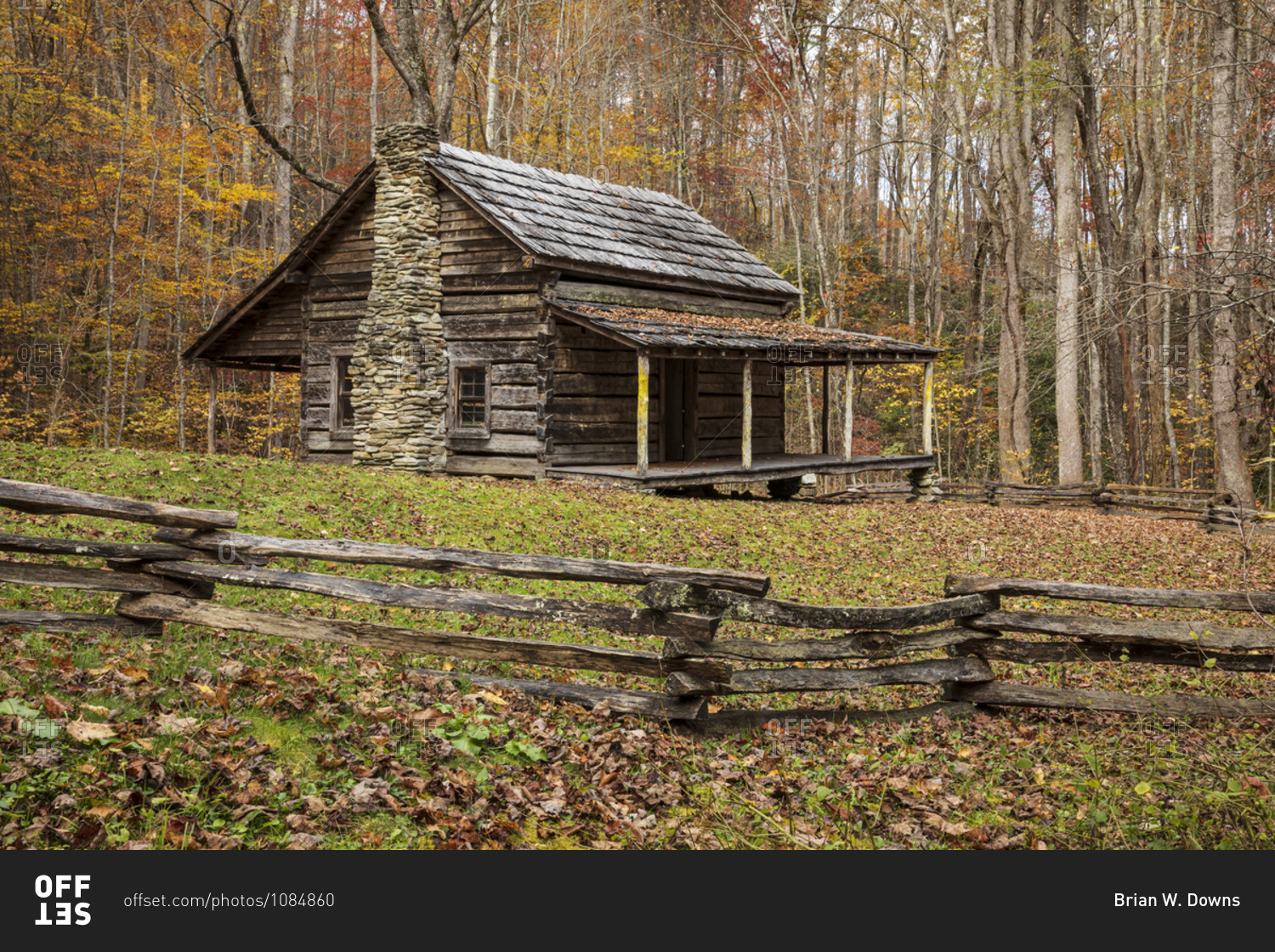 Old wooden cabin in an autumn forest in Great Smoky Mountains National Park, Cataloochee, North Carolina
