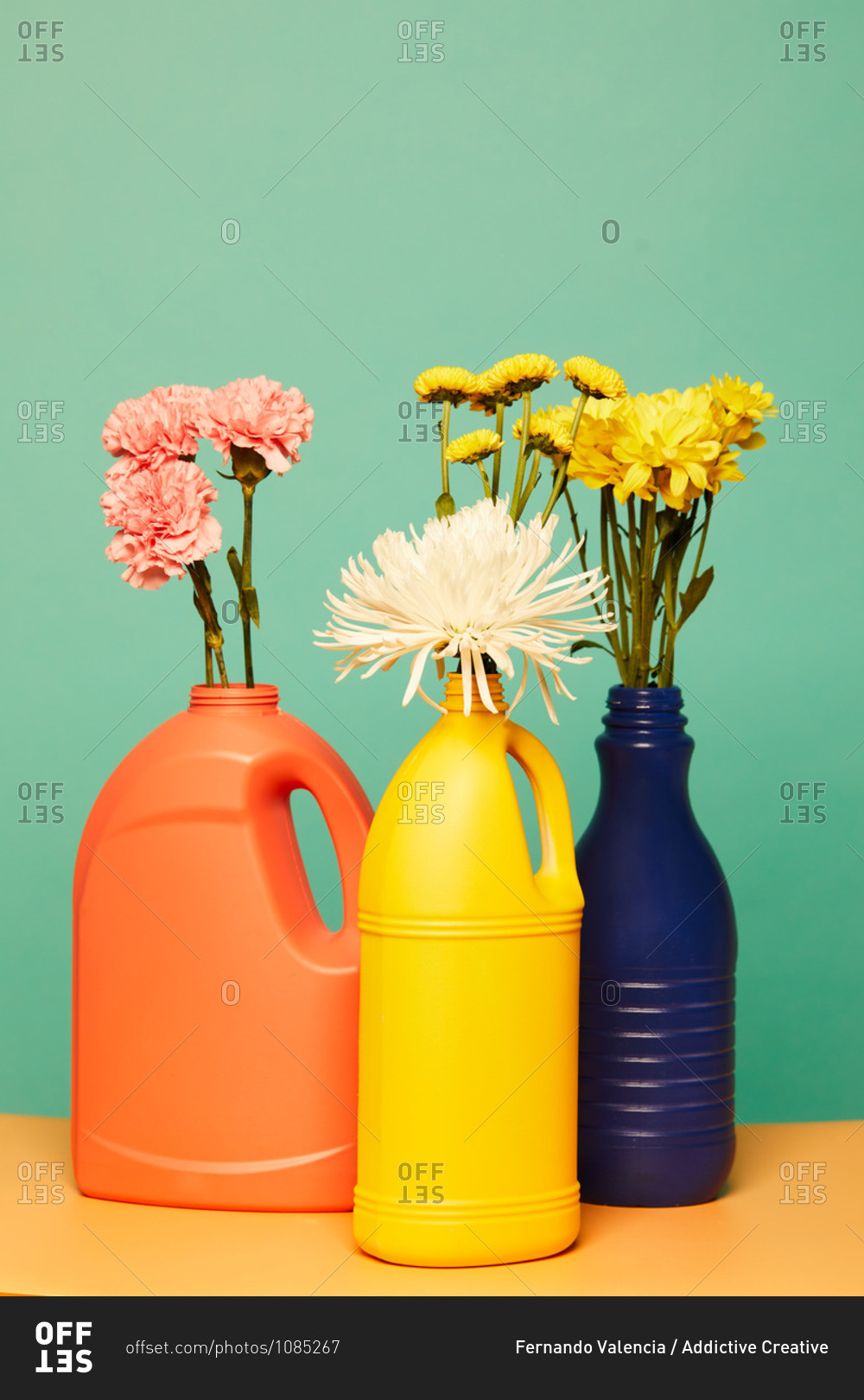 Various blooming flowers placed in colorful plastic bottles from detergents showing concept of reusable containers