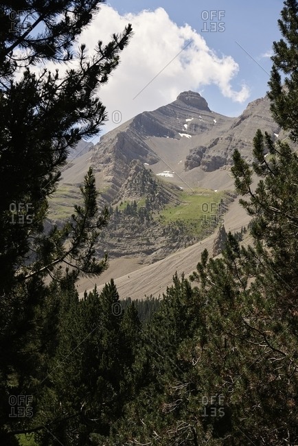 Scenic view of rocky peaks of mountain ridge on sunny day in summer