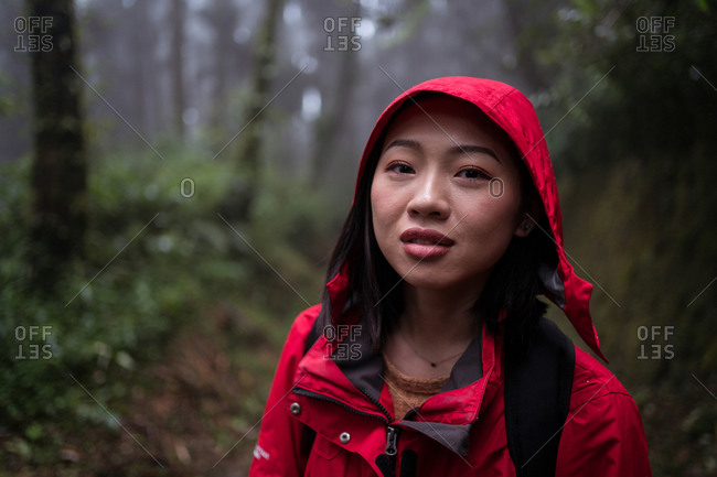 Asian female in raincoat climbing stairway and exploring nature while hiking through green forest in rainy day