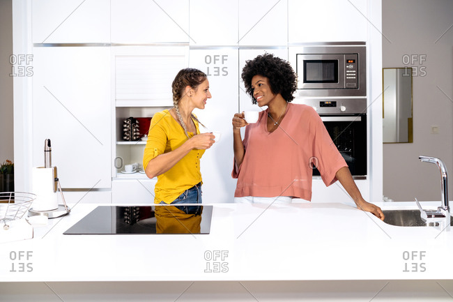 Positive young multiracial lesbian sweethearts enjoying hot coffee and chatting happily while spending morning together in modern home kitchen