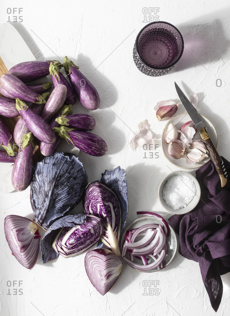 Purple vegetables being prepared, top view