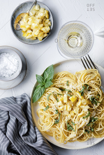 Pasta with preserved lemons, top view