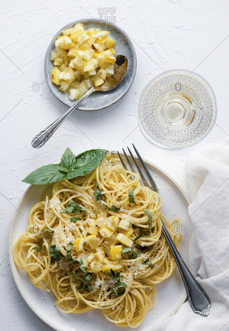 Pasta with preserved lemons, top view