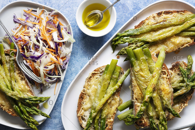 Asparagus and cheese toast with rainbow coleslaw.