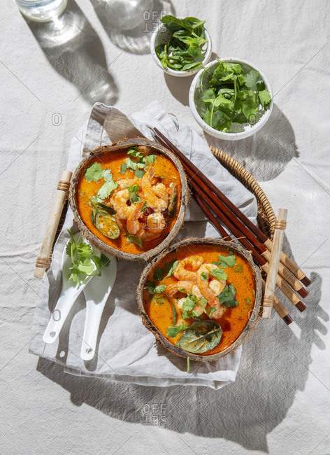Thailand tradition red curry soup with shrimps prawns and coconut milk. Panaeng Curry