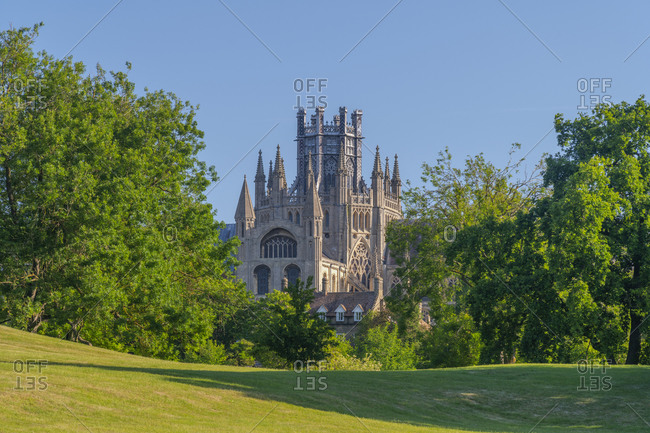 Ely Cathedral, Octagon Lantern Tower viewed from Cherry Hill Park, Ely, Cambridgeshire, England, United Kingdom, Europe