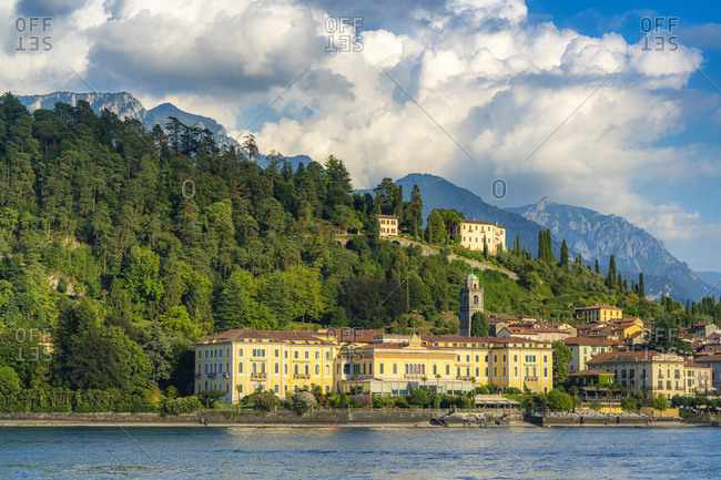Historical buildings and hotels in the old town of Bellagio seen from ferry boat, Lake Como, Como province, Lombardy, Italian Lakes, Italy, Europe