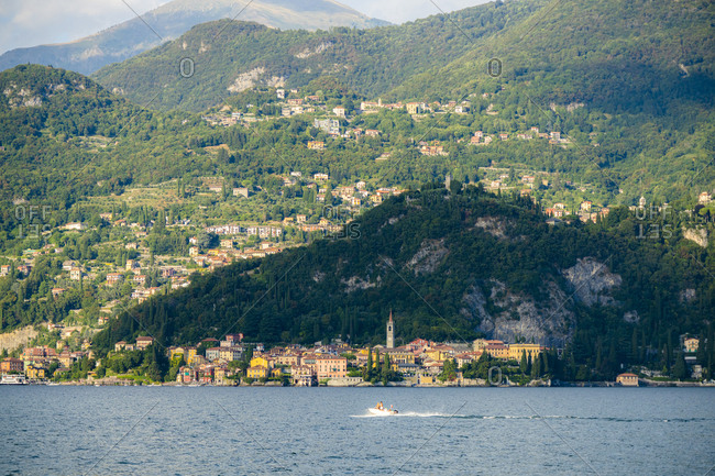 Varenna and villages on hills seen from ferry boat, Lake Como, Lecco province, Lombardy, Italian Lakes, Italy, Europe