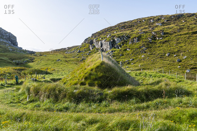 Iron Age house on Bosta beach, Isle of Lewis, Outer Hebrides, Scotland, United Kingdom, Europe