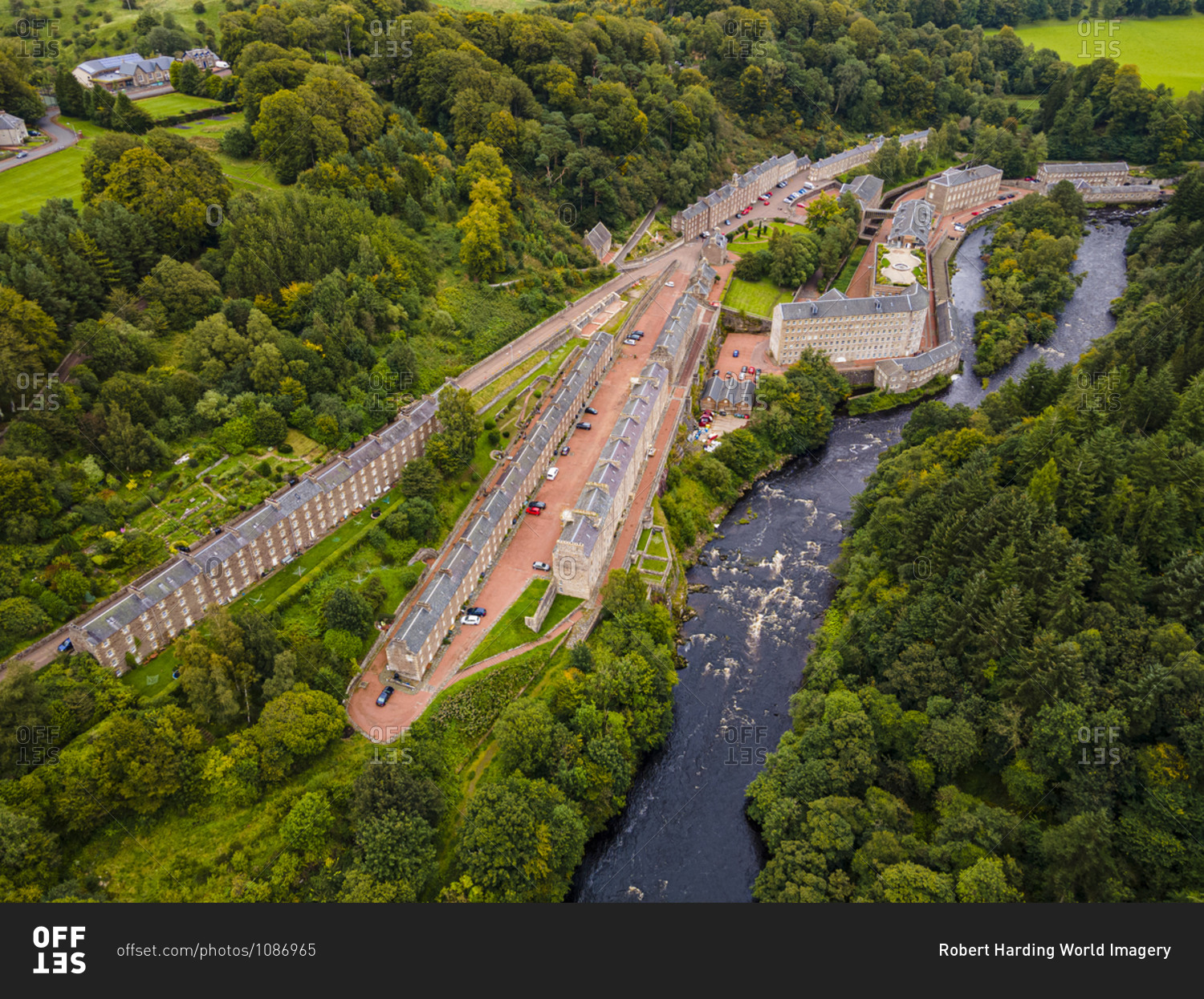 Aerial of the industrial town of New Lanark, UNESCO World Heritage Site, Scotland, United Kingdom, Europe