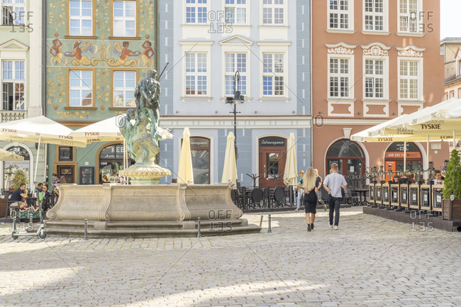 August 25, 2020: Fountain of Neptune in the Old Town Square, Poznan, Poland, Europe