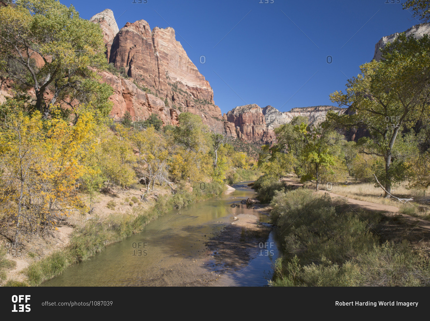 View along the Virgin River to Angels Landing from the Emerald Pools Trail, autumn, Zion National Park, Utah, United States of America, North America