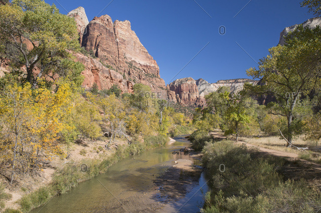 View along the Virgin River to Angels Landing from the Emerald Pools Trail, autumn, Zion National Park, Utah, United States of America, North America